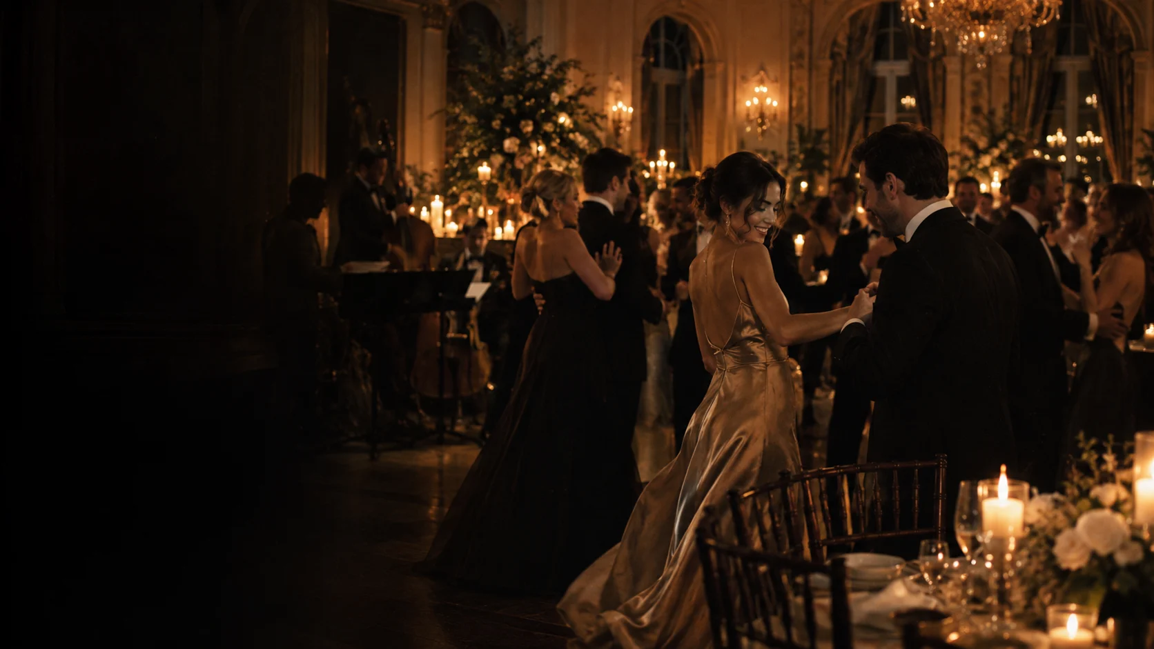 An illustrative candlelit ballroom with elegantly dressed guests dancing.