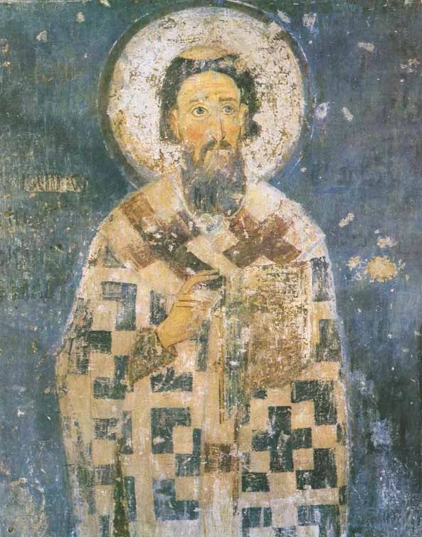 A historical fresco portraying Saint Sava in episcopal vestments.