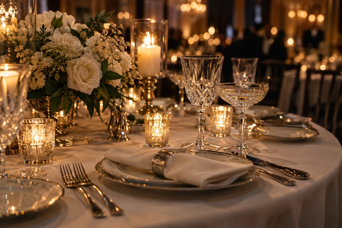 An illustrative formal dinner setting with candlelight, crystal glasses, and ivory linen.